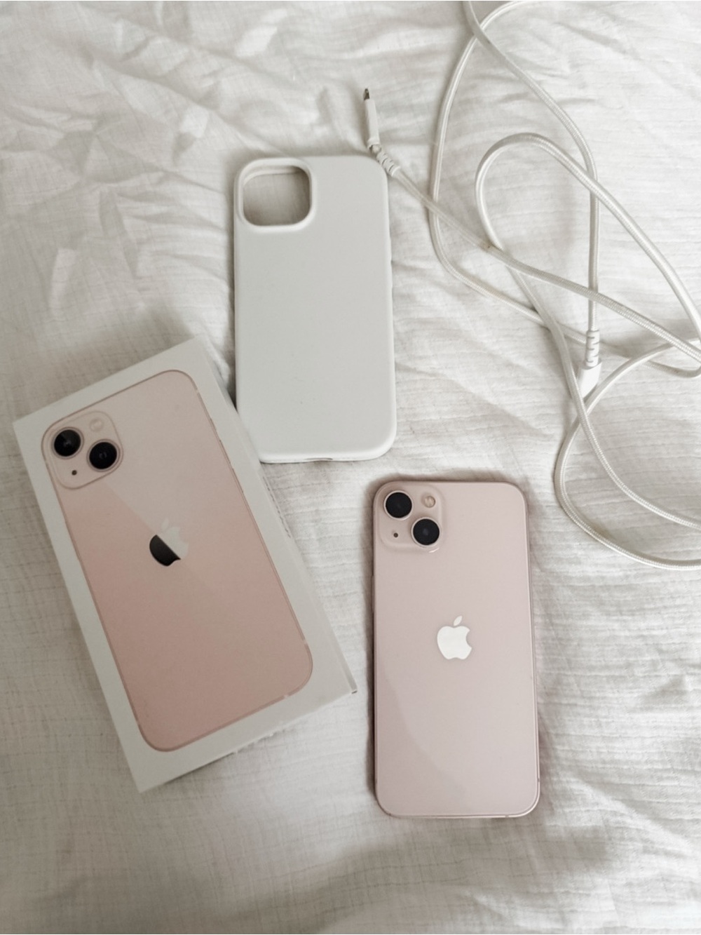 Apple iPhone 13 128 GB Pink with White Case and White Charging Cable